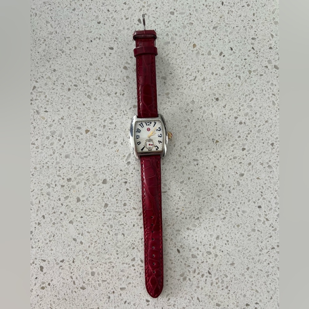 MICHELE stainless steel watch with red alligator MICHELE strap
